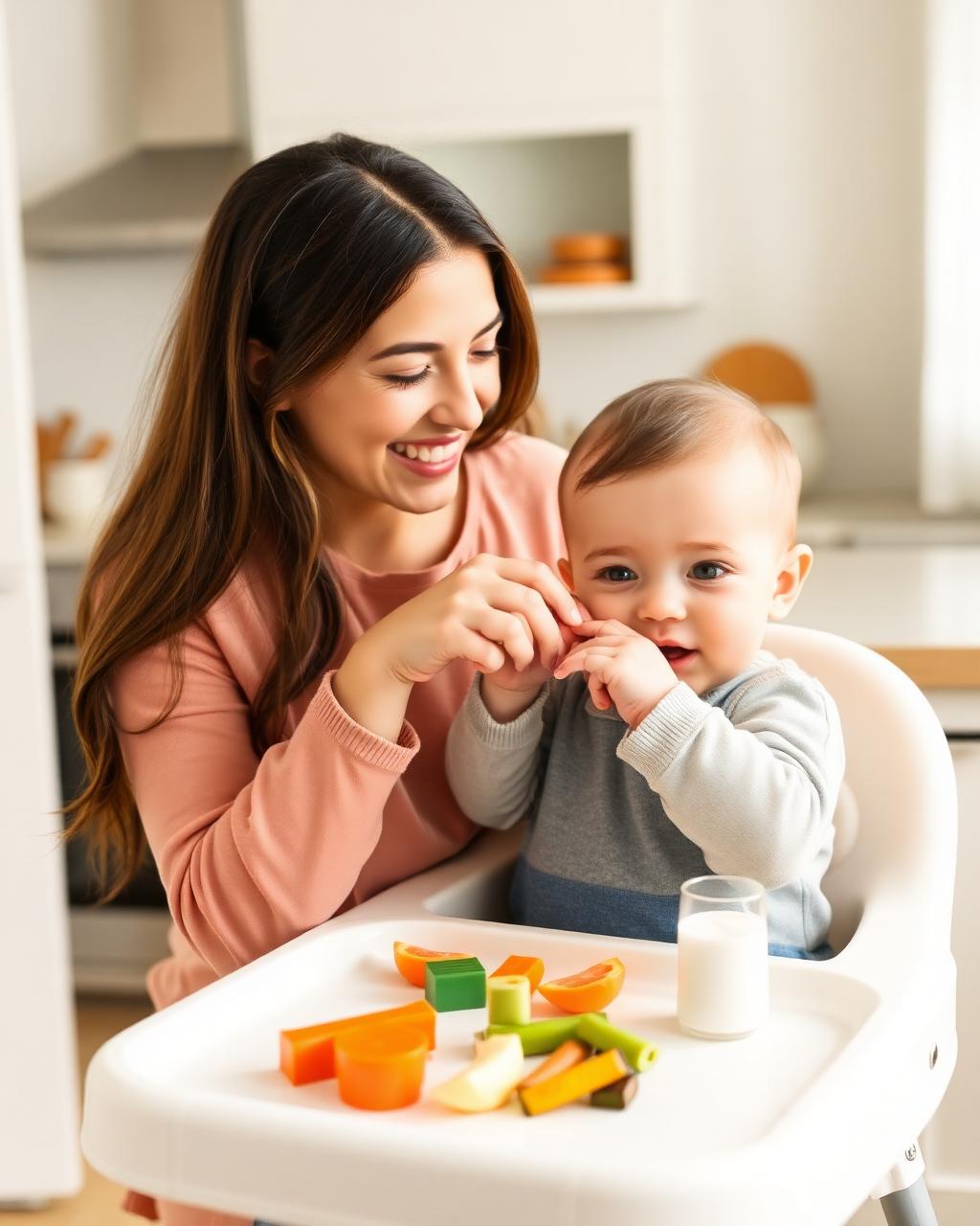 Mamá feliz dando de comer a su bebé con método BLW