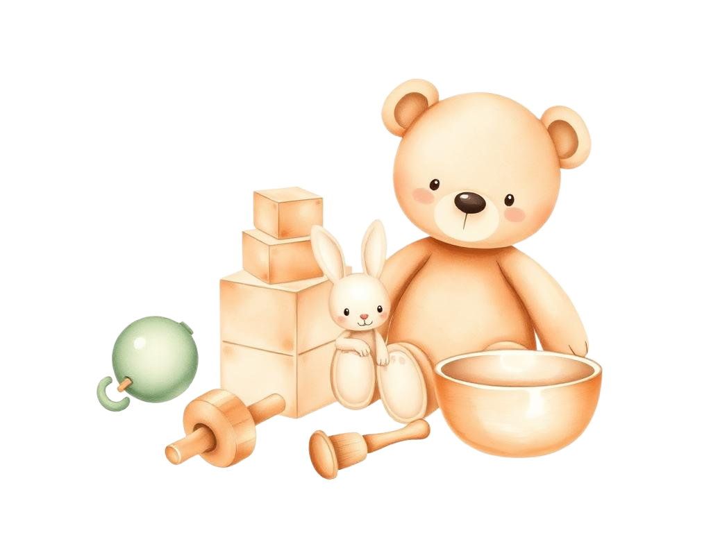 Ilustración acuarela de peluches y juguetes de bebé
